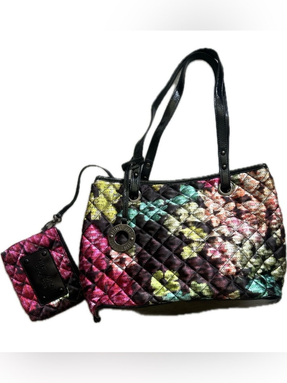Nine West Quilted Satin Floral Tote Bag with Matching Pouch